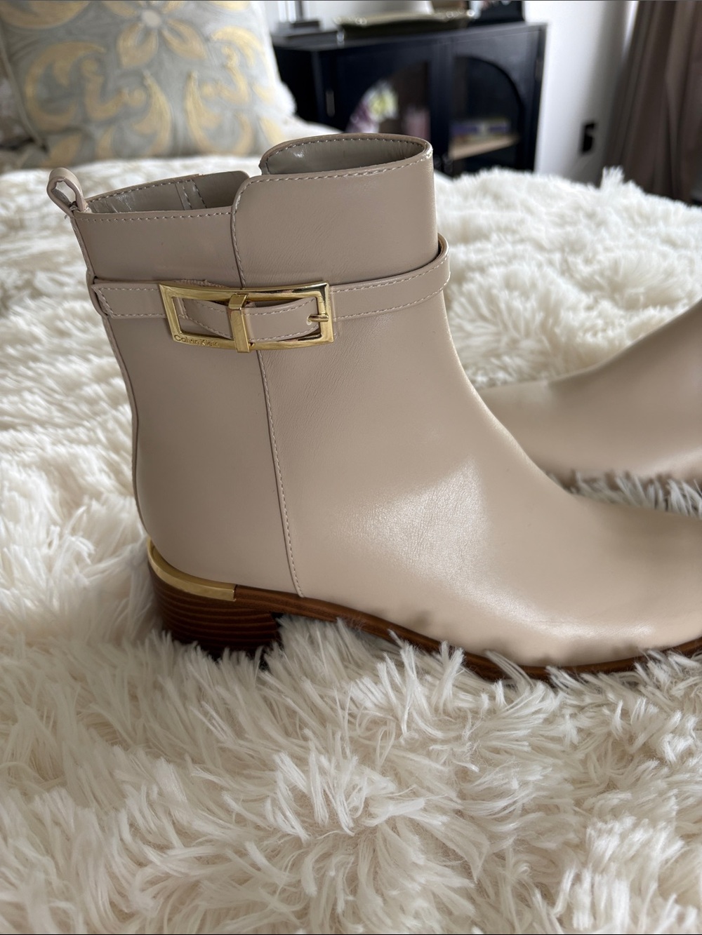 Calvin Klein Beige Ankle Boots with Gold Buckle